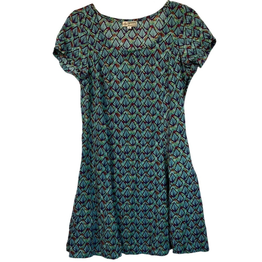 Apsara Bellini Blue Geometric Print Cap Sleeve Tunic Dress, Large